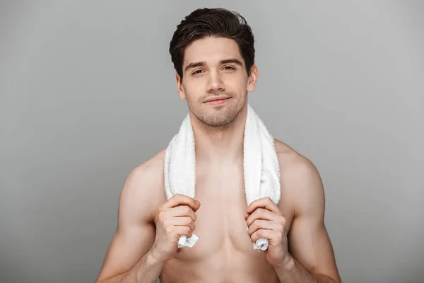 Beauty Portrait Half Naked Smiling Young Man Holding Towel His — Stock Photo, Image