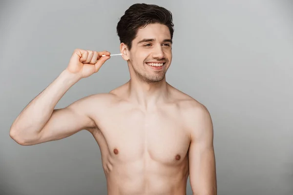 Beauty Portrait Half Naked Smiling Young Man Using Cotton Swab — Stock Photo, Image