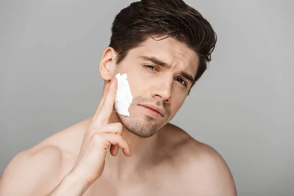 Close Beauty Portrait Half Naked Handsome Young Man Applying Facial — Stock Photo, Image