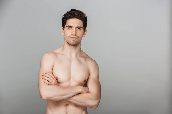 Beauty Portrait Half Naked Confident Young Man Looking Camera Arms — Stock Photo, Image