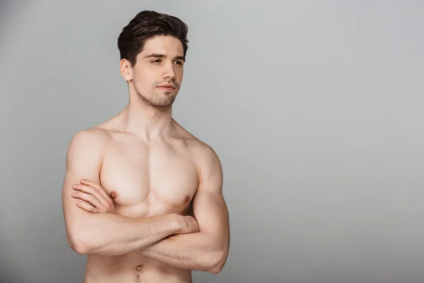 Beauty Portrait Half Naked Confident Young Man Looking Away Arms — Stock Photo, Image