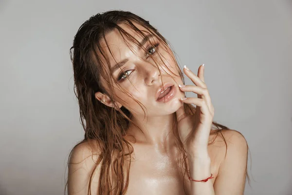 Fashion Portrait Topless Young Woman Makeup Wet Hair Posing Isolated — Stock Photo, Image