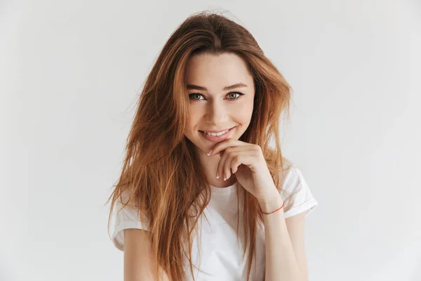 Mystery Smiling Woman Shirt Posing Arm Face While Looking Camera — Stock Photo, Image