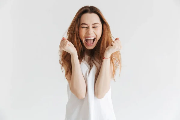 Cheerful Woman Shirt Screaming Rejoices Closed Eyes Grey Background — Stock Photo, Image