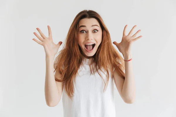 Mujer Feliz Sorprendida Camiseta Mirando Cámara Con Boca Abierta Sobre —  Fotos de Stock