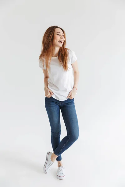 Full Length Image Cheerful Woman Shirt Posing Arms Pockets Looking — Stock Photo, Image