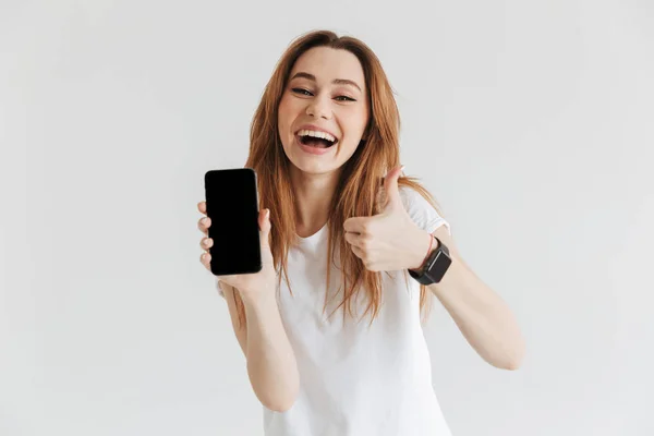 Lycklig Kvinna Casual Kläder Med Armbandsur Visar Tom Smartphone Skärmen — Stockfoto
