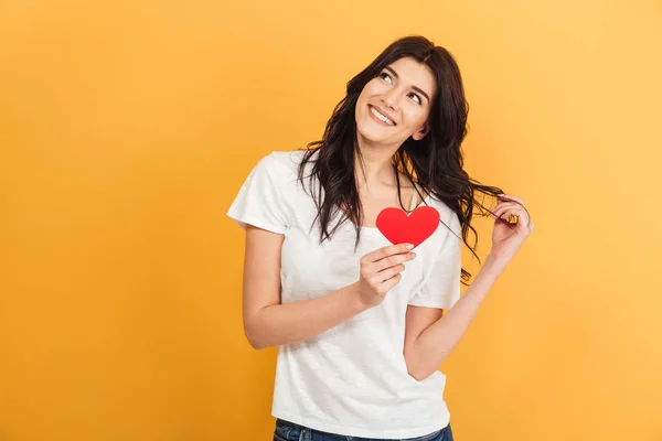 Image Young Cute Pretty Woman Standing Isolated Yellow Background Holding — Stock Photo, Image