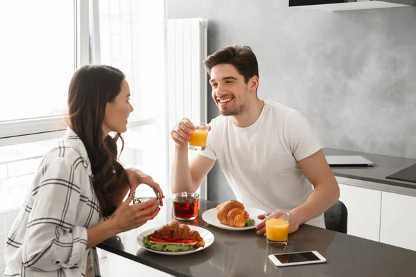 Portait Beautiful Family Happy Man Woman Having Breakfast Dinner House — Stock Photo, Image