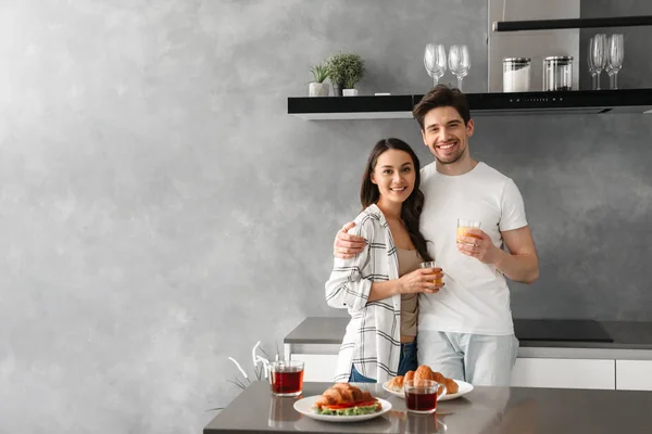 Picture Amazing Couple Smiling Looking You While Having Dinner Modern — Stock Photo, Image