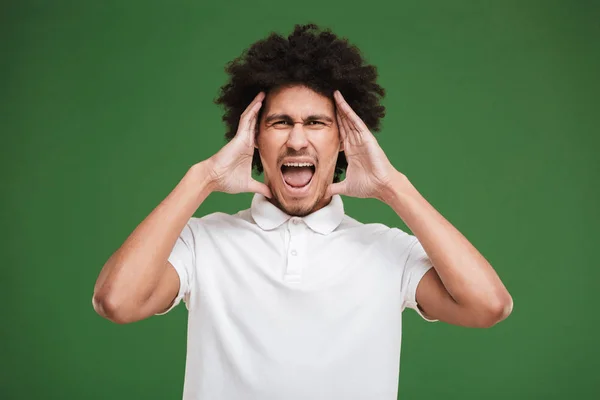 Photo Screaming Young African Curly Man Isolated Green Wall Background — Stock Photo, Image