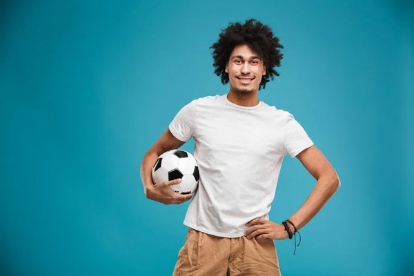 Image Cheerful Young African Curly Man Football Player Standing Isolated — Stock Photo, Image