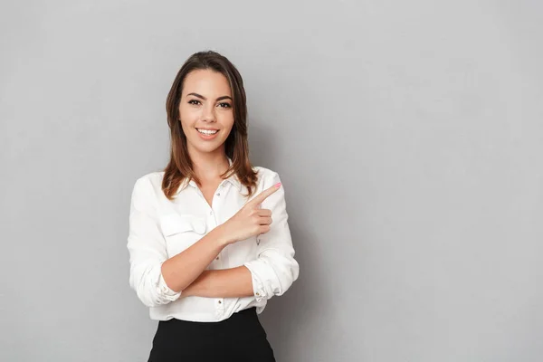 Image Happy Young Business Woman Standing Isolated Grey Wall Background — Stock Photo, Image