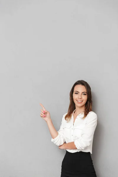 Image Happy Young Business Woman Standing Isolated Grey Wall Background — Stock Photo, Image