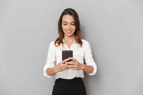 Portrait Happy Young Business Woman Using Mobile Phone Isolated White — Stock Photo, Image