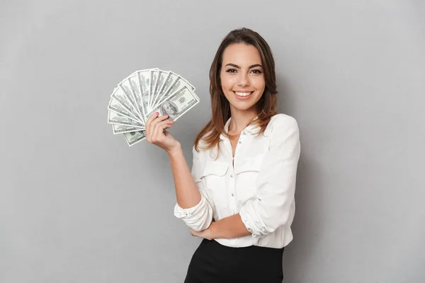 Portret Kobiety Szczęśliwy Młody Biznes Trzymając Kilka Banknotów Pieniądze Białym — Zdjęcie stockowe