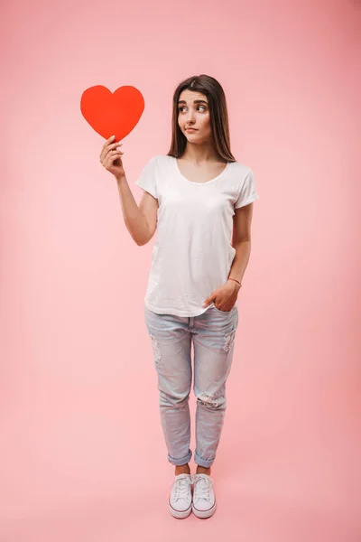 Full Length Sad Young Woman Holding Red Heart Isolated Pink — Stock Photo, Image