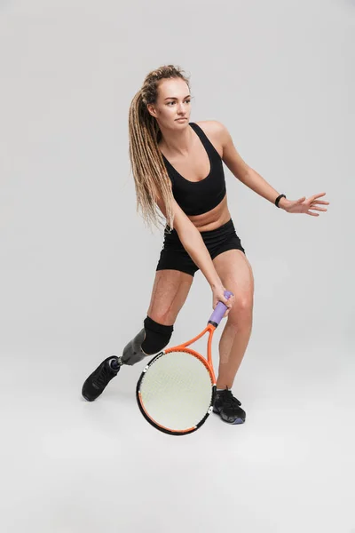 Picture Gorgeous Young Disabled Sportswoman Tennis Player Standing Isolated Grey — Stock Photo, Image