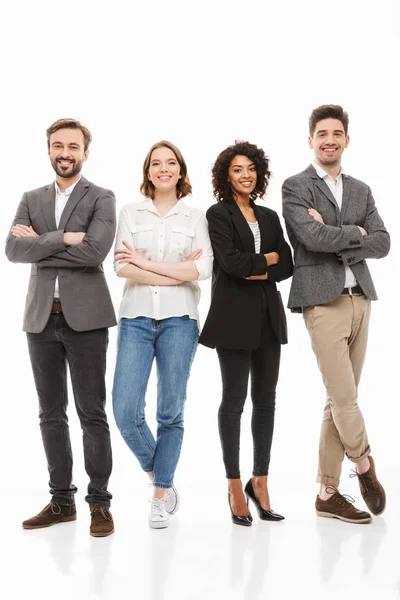 Full Length Portrait Group Happy Multiracial Business People Standing Arms — Stock Photo, Image