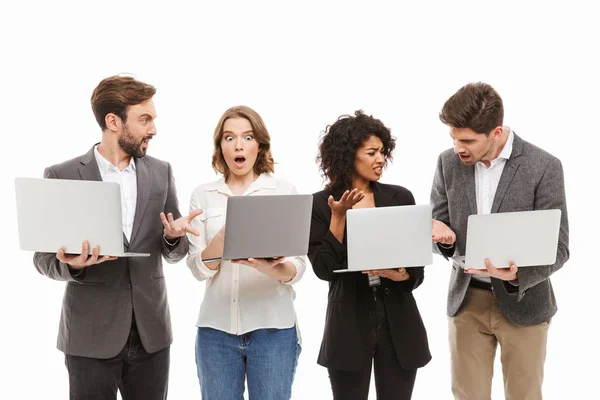 Portrait Group Confused Multiracial Business People Holding Laptop Computers Isolated — Stock Photo, Image