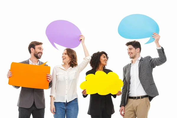 Retrato Grupo Personas Negocios Multirraciales Sonrientes Sosteniendo Burbujas Habla Vacías — Foto de Stock