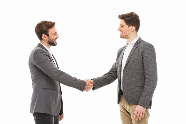 Portrait Two Satisfied Business Men Shaking Hands Isolated White Background — Stock Photo, Image