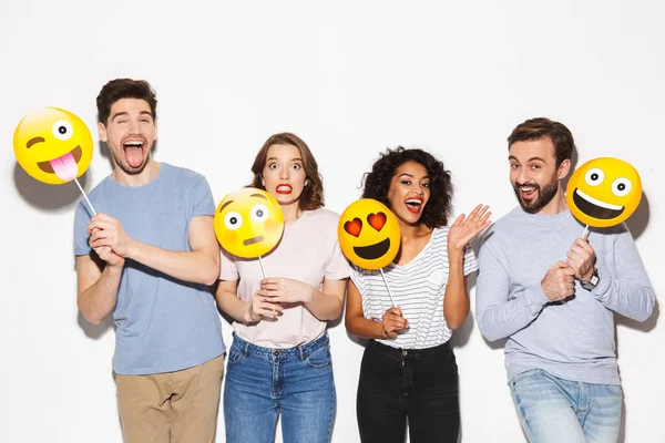 Group Cheerful Multiracial People Holding Smiley Faces Isolated White Background — Stock Photo, Image