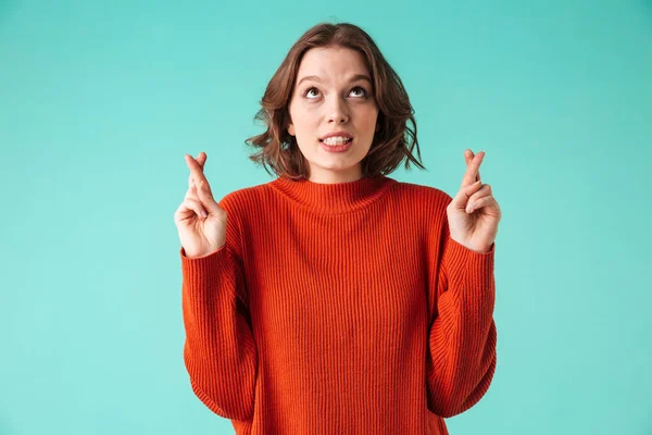 Portrait Worried Young Woman Dressed Sweater Holding Fingers Crossed Good — Stock Photo, Image