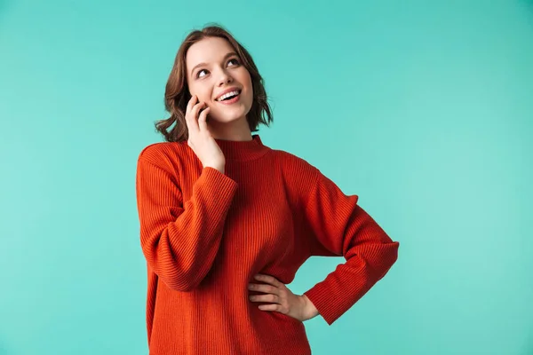 Porträt Einer Glücklichen Jungen Frau Pullover Die Isoliert Auf Blauem — Stockfoto