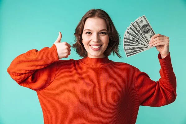 Retrato Una Joven Feliz Vestida Con Suéter Sosteniendo Billetes Banco —  Fotos de Stock