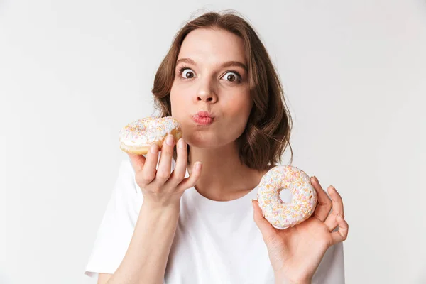 Portrait Pleased Young Woman Eating Donut Isolated White Background — Stock Photo, Image