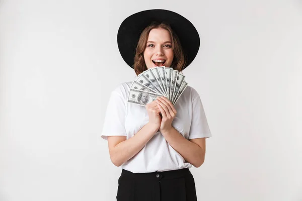 Portret Van Een Enthousiast Jonge Vrouw Gekleed Zwarte Hoed Bedrijf — Stockfoto