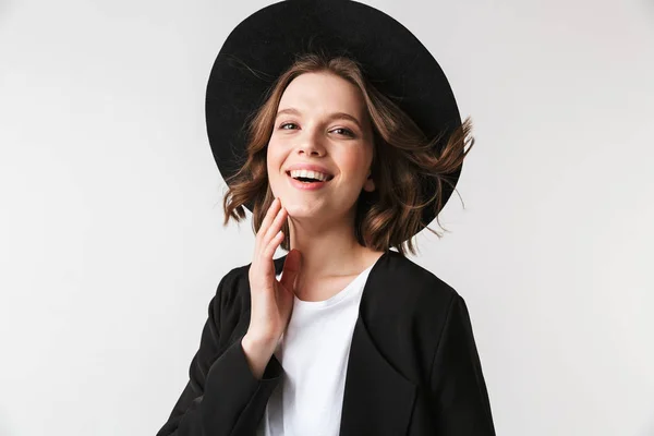 Portrait Laughing Young Woman Dressed Black Jacket Sunglasses Posing While — Stock Photo, Image