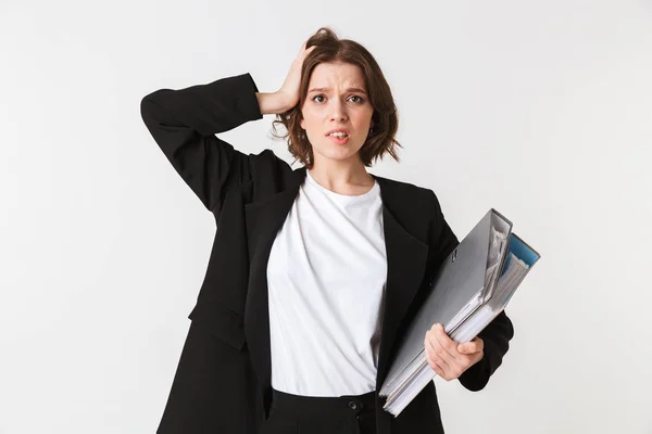 Portret Van Een Verwarde Jonge Zakenvrouw Gekleed Zwarte Jas Houden — Stockfoto