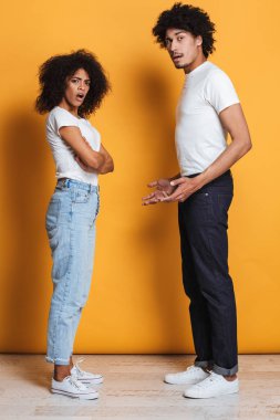 Tam uzunlukta portre sarı arka plan üzerinde izole bir tartışmayı bir çiftin karışık afro Amerikan