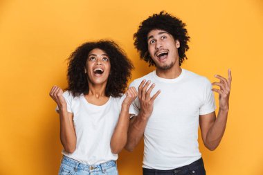 Çığlık ve sarı arka plan üzerinde izole kutluyor mutlu bir genç afro Amerikan çift portresi