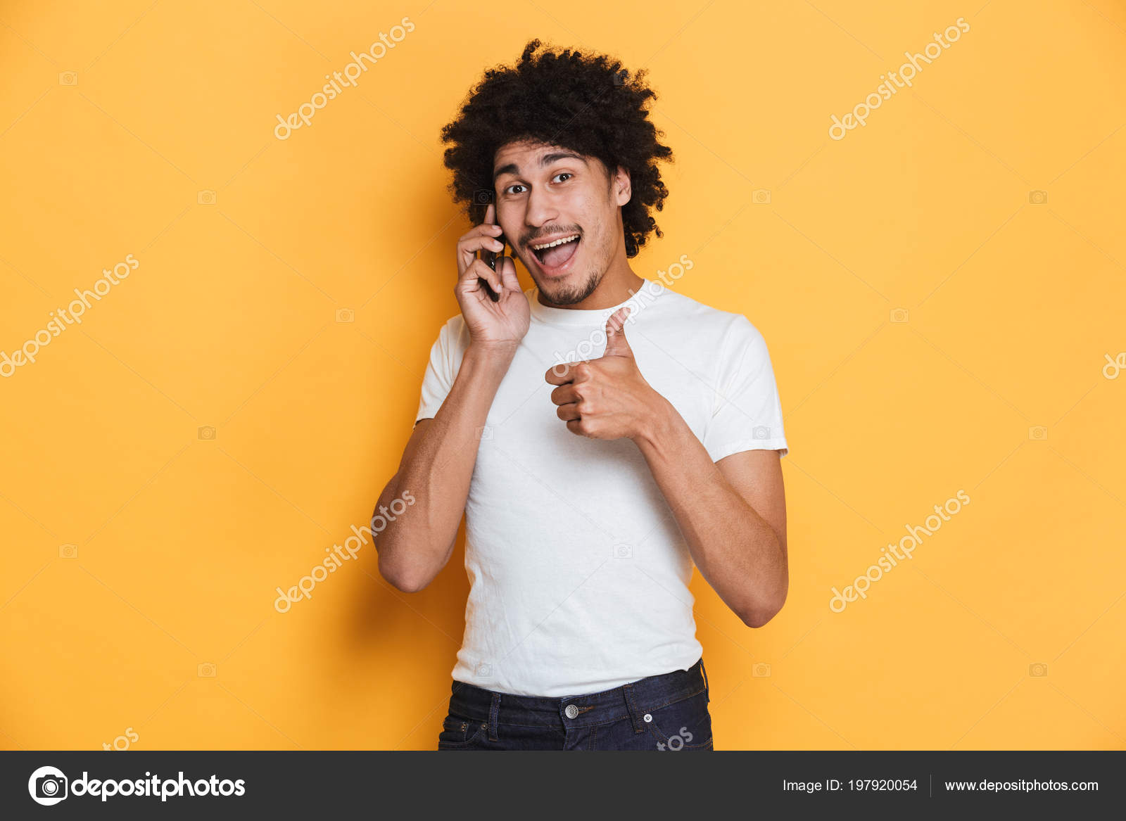 Portrait Cheerful Young African Guy Talking Mobile Phone Showing