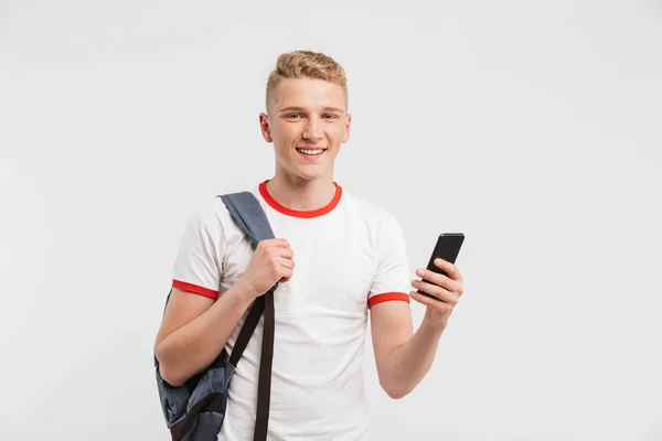 Bild Eines Lächelnden Männlichen Studenten Mit Sauberer Gesunder Haut Lässiger — Stockfoto