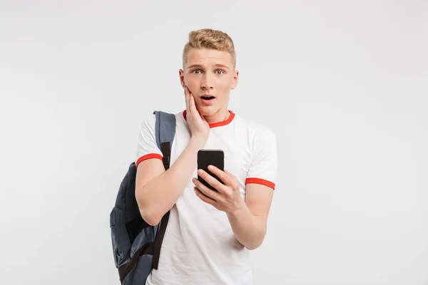 Image Surprised Male Student Having Clean Healthy Skin Wearing Backpack — Stock Photo, Image