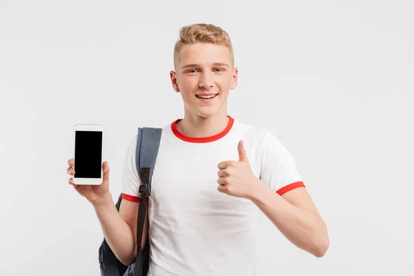 Image Young Guy Years Old Wearing Shirt Backpack Showing Thumb — Stock Photo, Image