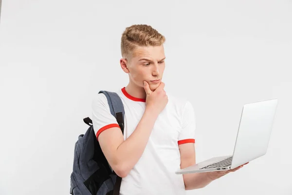 Image Teenage Guy Years Old Shirt Backpack Holding Open Laptop — Stock Photo, Image