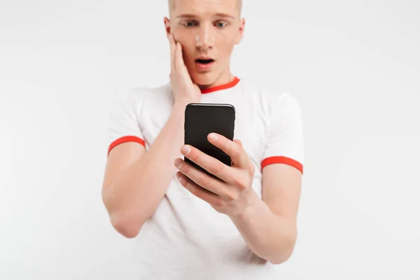 Image Disappointed Teenage Man Casual Clothing Touching Face Expressing Shock — Stock Photo, Image