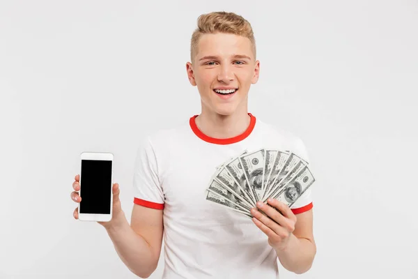 Portrait Happy Teenage Boy Holding Money Banknotes Showing Blank Screen — Stock Photo, Image