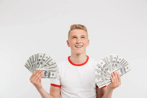 Portrait Happy Teenage Boy Holding Money Banknotes Isolated White Background — Stock Photo, Image