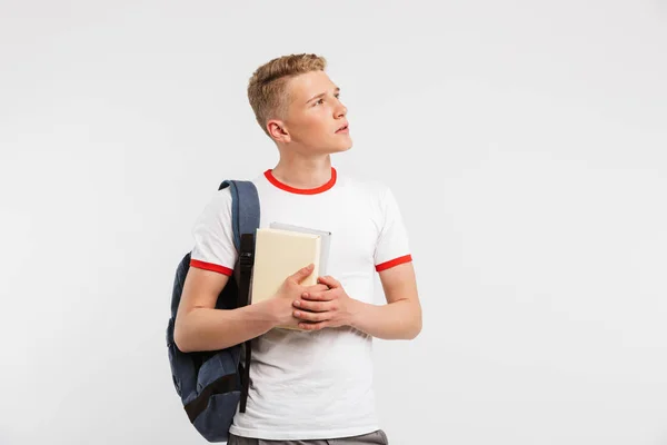 Imagem Jovem Estudante Usando Mochila Olhando Lado Para Copyspace Com — Fotografia de Stock