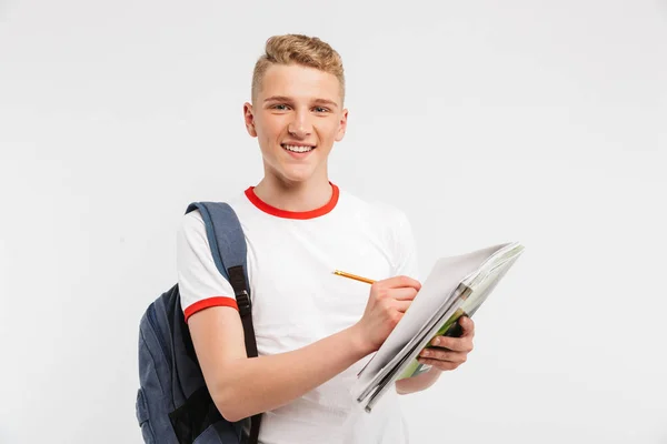 Εικόνα Του Φοιτητή Όμορφος Άντρας Φορώντας Backpack Χαμογελώντας Και Κοιτάζοντας — Φωτογραφία Αρχείου