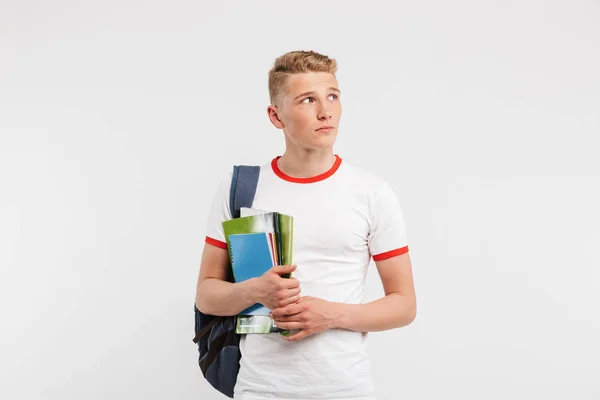 Imagen Joven Universitario Estudiante Universitario Con Mochila Mirando Lado Espacio — Foto de Stock