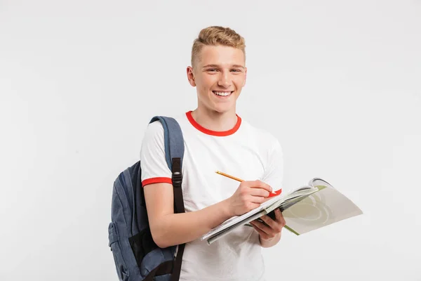 Imagem Universidade Atraente Estudante Universitário Vestindo Mochila Sorrindo Olhando Para — Fotografia de Stock