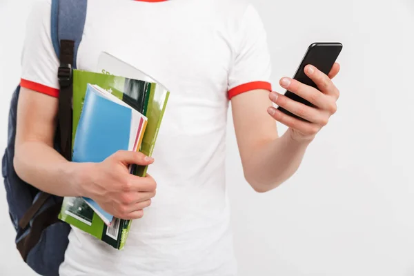 Cropped Picture European Student Boy Backpack Holding Lots Colorful Exercise — Stock Photo, Image