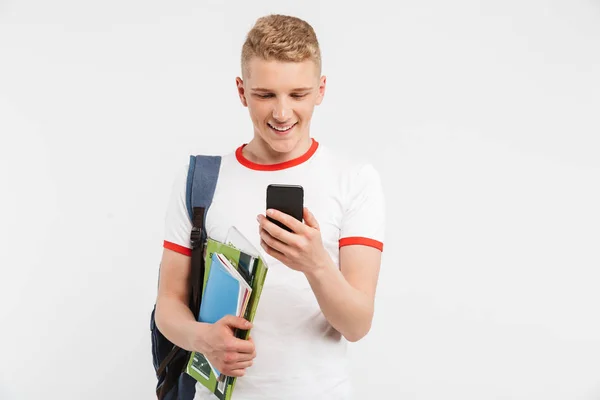 Portrait Teenage Student Boy Wearing Backpack Smiling Looking Smartphone Hand — Stock Photo, Image